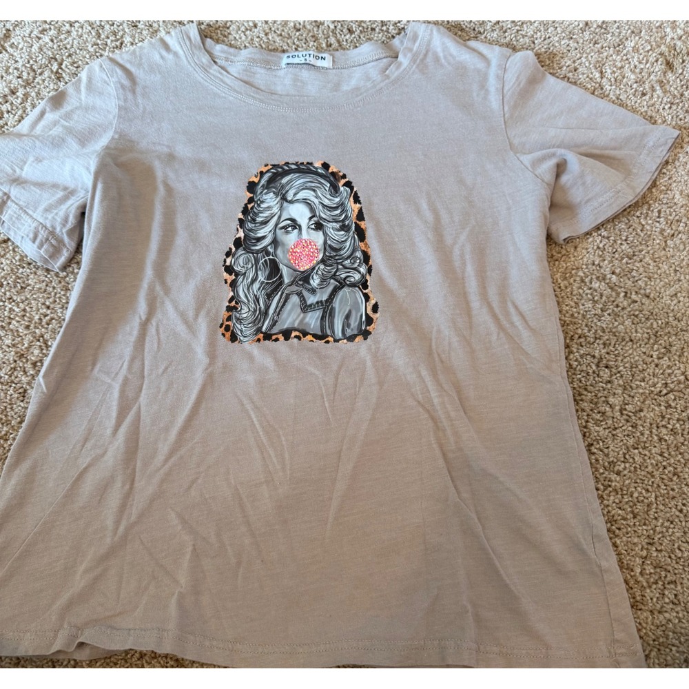 Y Parton Solution Graphic Tee Tan Rhinestone Bubblegum Leopard  Cotton Shirt S